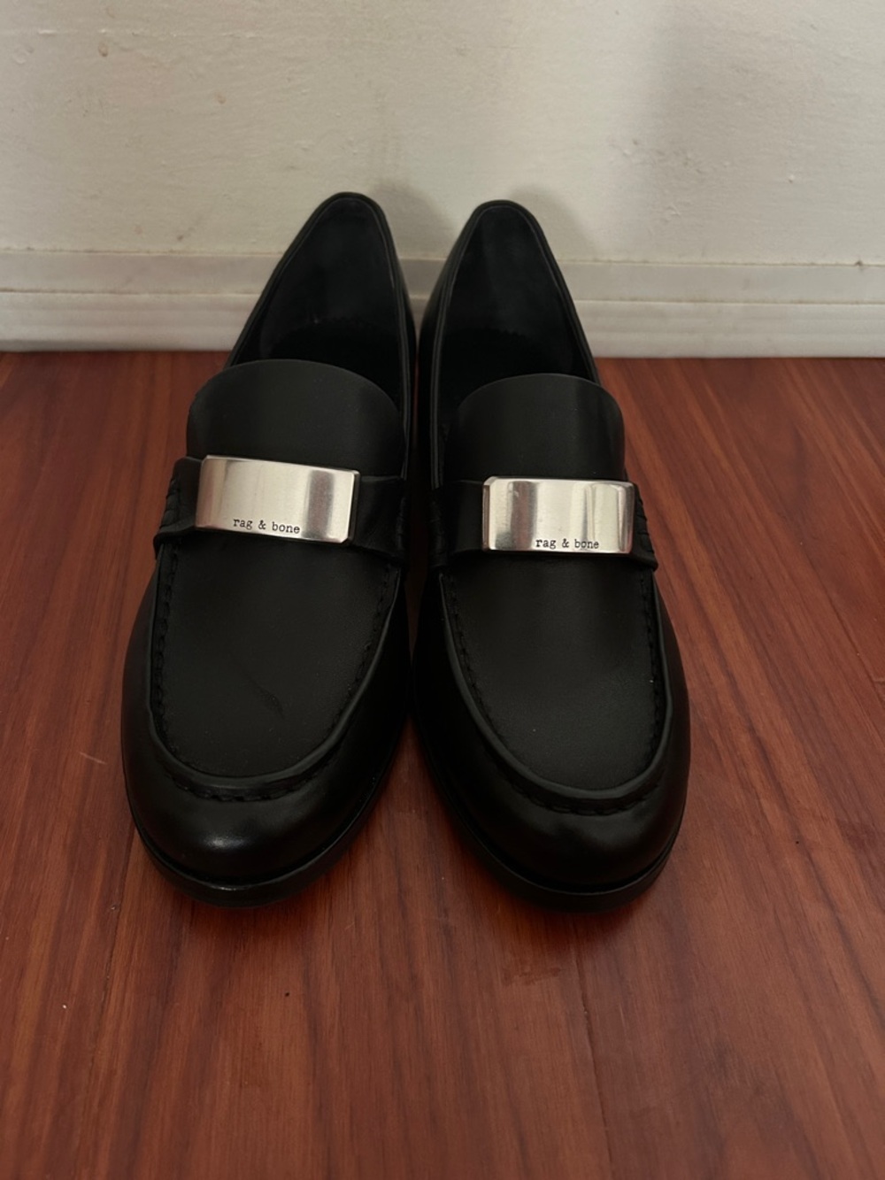 rag & bone Black Leather Penny Loafers with Silver Plaque